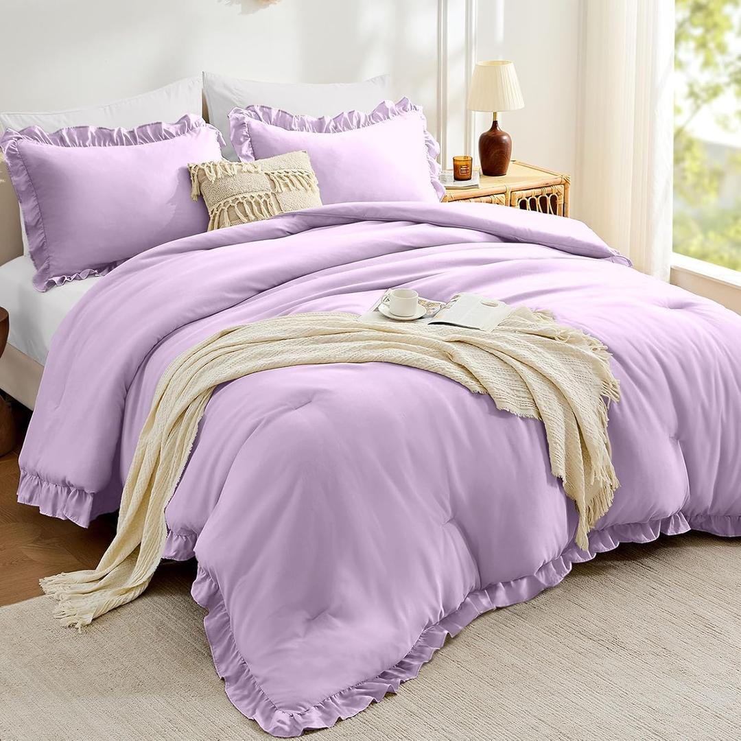 FUANNA Queen Comforter Set Lavender, 3 Pieces Ruffle Queen Bed Set, Fluffy Bed in a Bag Queen for All Seasons, Shabby Chic Bedding Comforter Sets with 1 Lightweight Comforter & 2 Pillow shams
