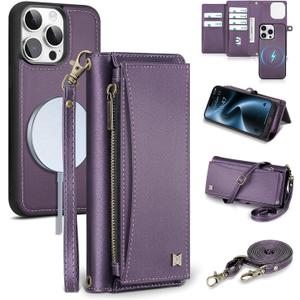 Wallet Case for iPhone 15 Pro Max with Card Holder/Crossbody Wallet/Strap| RFID Blocking | Magnetic | Kickstand | Detachable | PU Leather Phone Case for iPhone 15 Pro Max,6.7 in,Purple