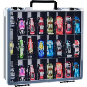 Double Sided Toy Storage Organizer Case for Hot Wheels Car, for Matchbox Cars, for Mini Toys, for Small Dolls. Carrying Box Container Carrier with 48 Compartments - Black (Box Only)