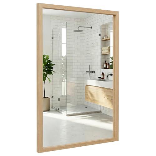 Pocetry 24" x 36" Natural Wood Tone Wall Mirror for Entryway & Bath, Waterproof Boho Decor Mirror, Scandi Oak Texture Vanity Mirror for Over Sink, Standard Trim