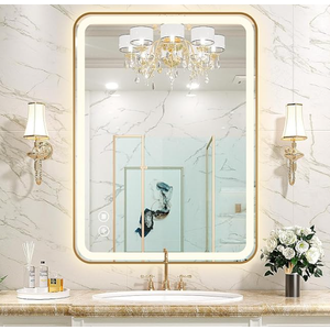 TheiaMo Rectangle LED Bathroom Mirror, 36"x28" AntiFog Double Touch Lighted Wall Vanity Mirror 45° Beveled Metal Frame Stepless Adjustable Color Temperature Smart Mirror 3000K6000K, Gold