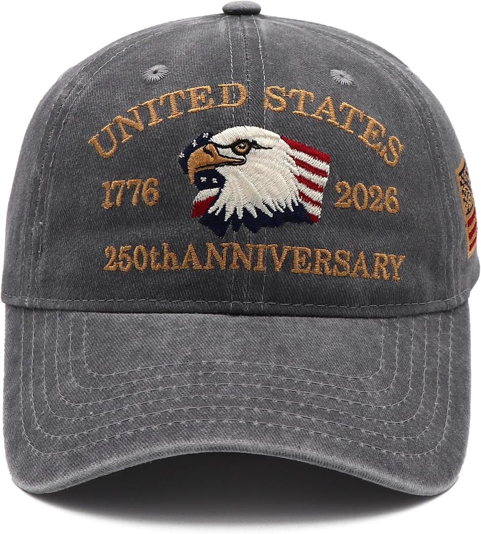 250th Anniversary USA Hat United States 250 Year American Anniversary Hat Patriotic Embroidery Baseball Cap (Gray)