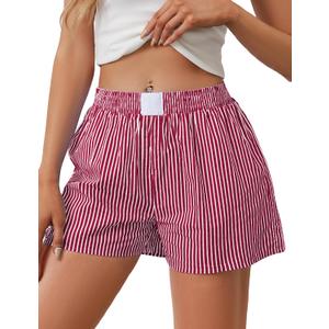 Ythomm Womens Lounge Shorts Y2k Striped Print Elastic Waist Pajama Shorts Cute Boxers Bottoms With Pockets Comfy Sleepwear (Red, L)