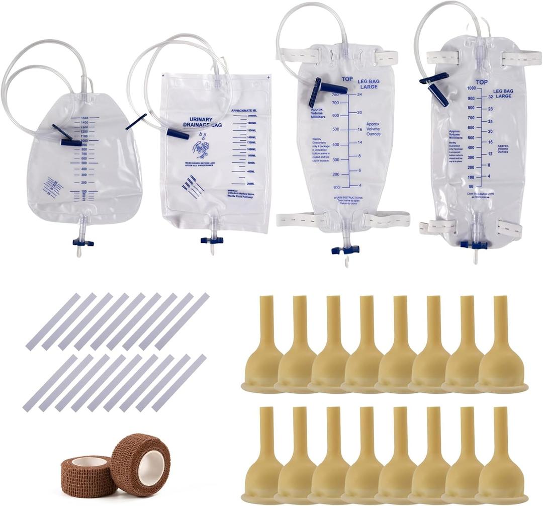 Condom Catheters for Elderly Men Age 80, External Catheter for Men Set Overnight-24Pcs Latex Condoms,750ml & 1000ml Leg Bags for Days, 1500ml & 2000ml Urine Bags for Night, Quick and Easy Drainage (25mm)