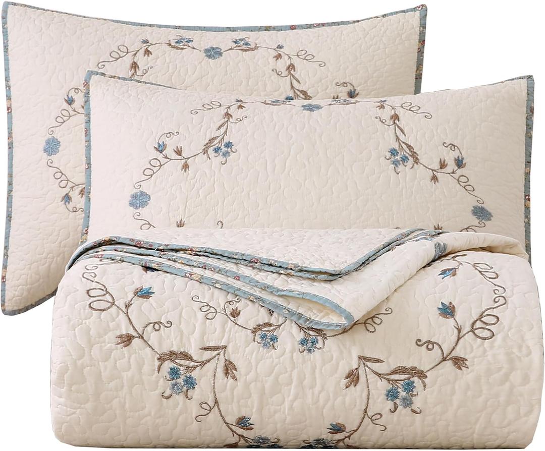 vctops 3-Piece 100% Cotton Bedspread Coverlet Set King Size Elegant Floral Embroidered Reversible Patchwork 1 Quilt and 2 Pillow Shams (Flower B,King)