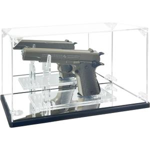 Pistol Display Case, Clear Acrylic Gun Display Case with Pistol Display Stand,Single Handgun Revolver Case with Double Mirror & Black Wood Plastic Base, Dust-Proof&UV Protection for Gun