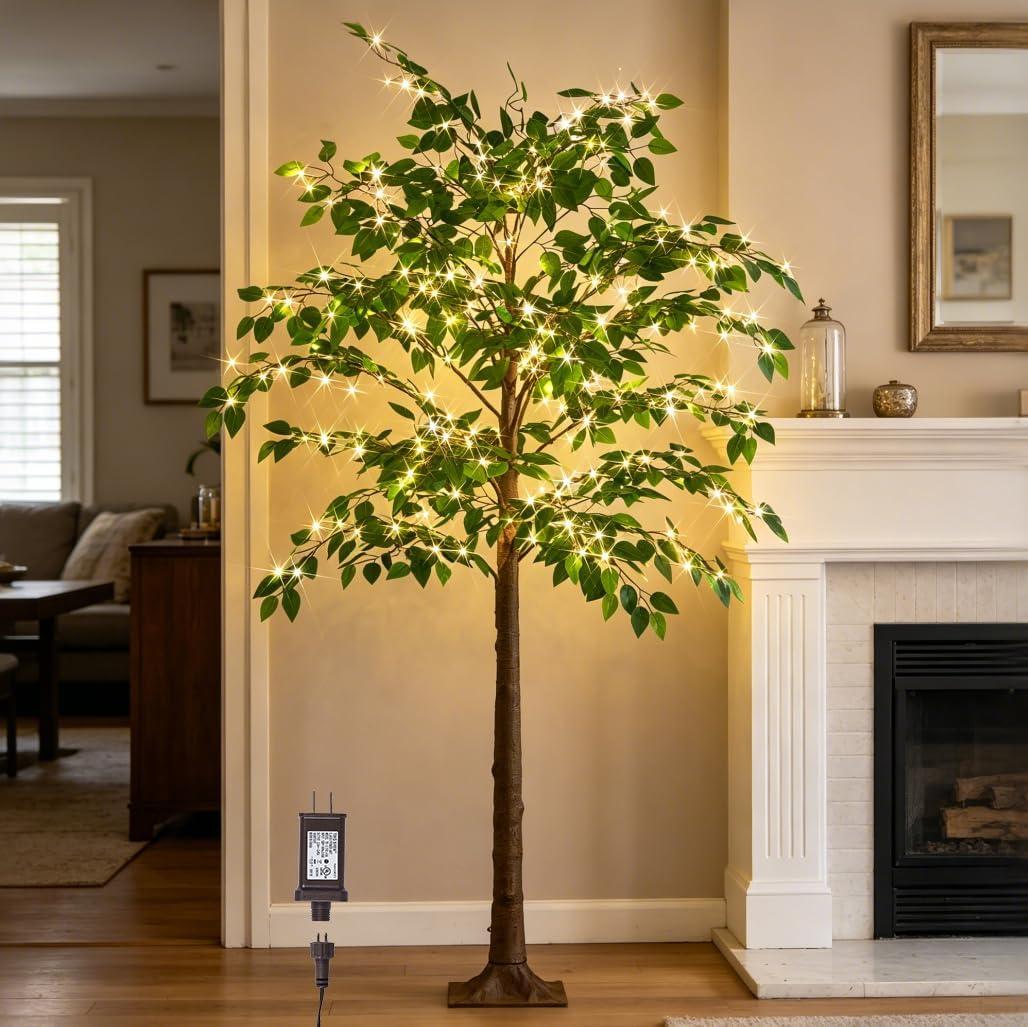 BAOLITVINE Lighted Ficus Tree 6FT 264 LED Fairy Lights, Artificial Twig Tree with Lights for Home Living Room Spring Christmas Decoration Indoor Outdoor