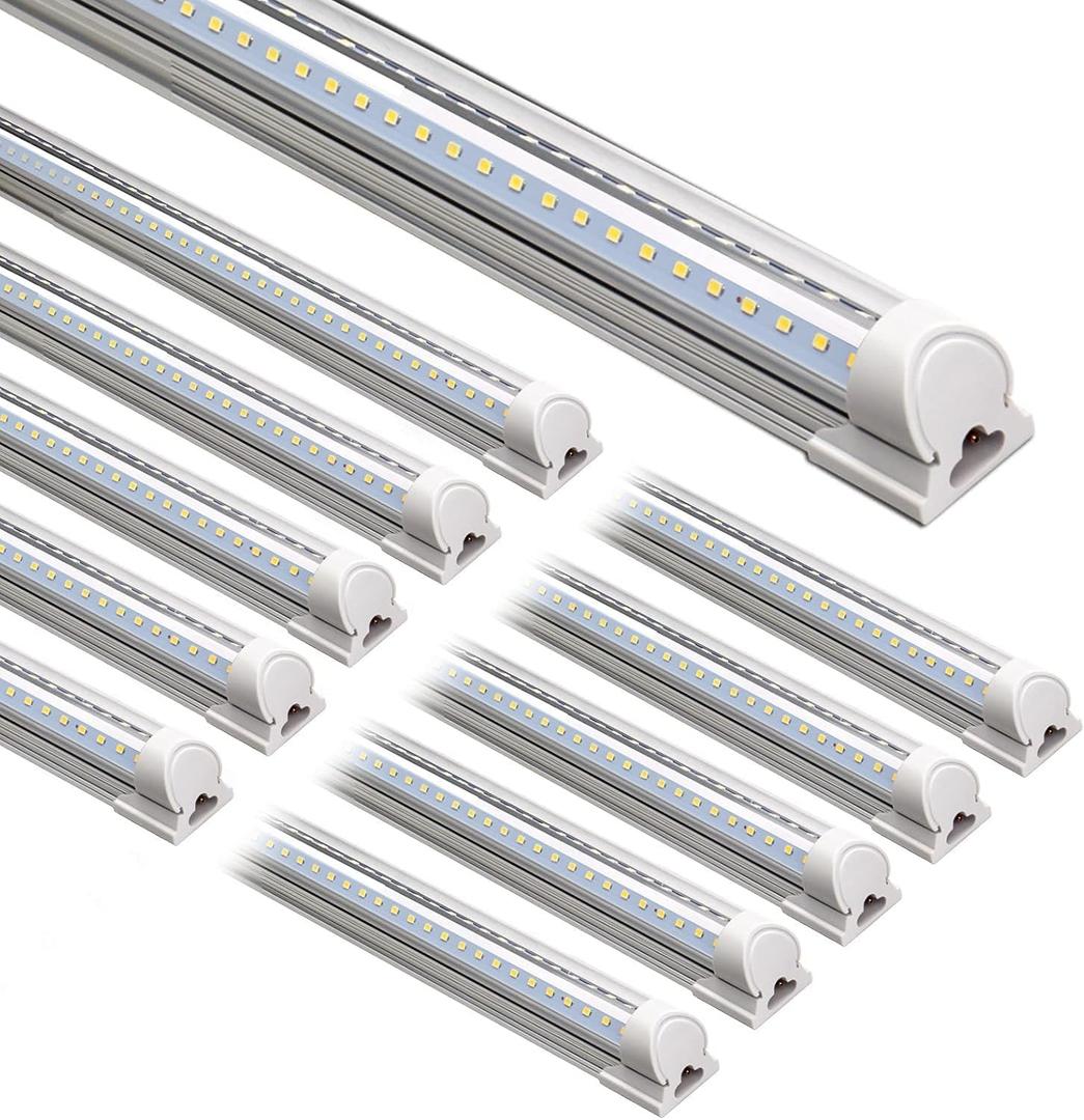 Barrina LED Shop Lights, 8FT 72W 10000LM 5000K, Daylight White, V Shape, Clear Cover, High Output, Linkable, T8 LED Tube Light, for Garage 8 Foot with Plug (Pack of 10)