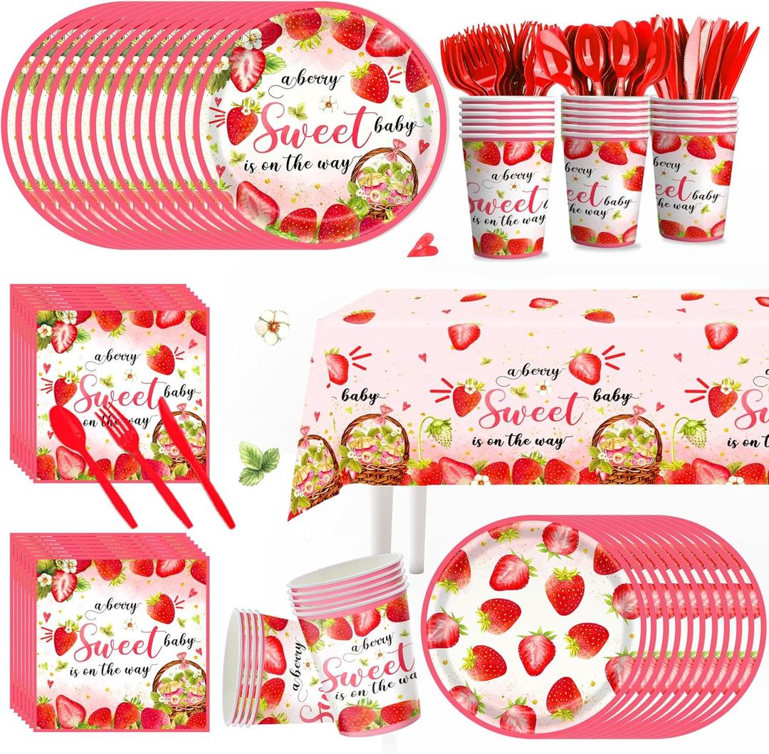 169pcs Strawberry Baby Shower Deorations Berry Sweet Plates Napkins Cups Tablecloths A Berry Sweet Baby is On The Way Paper Tableware Set Strawberry Party Supplies Serves 24 Guests