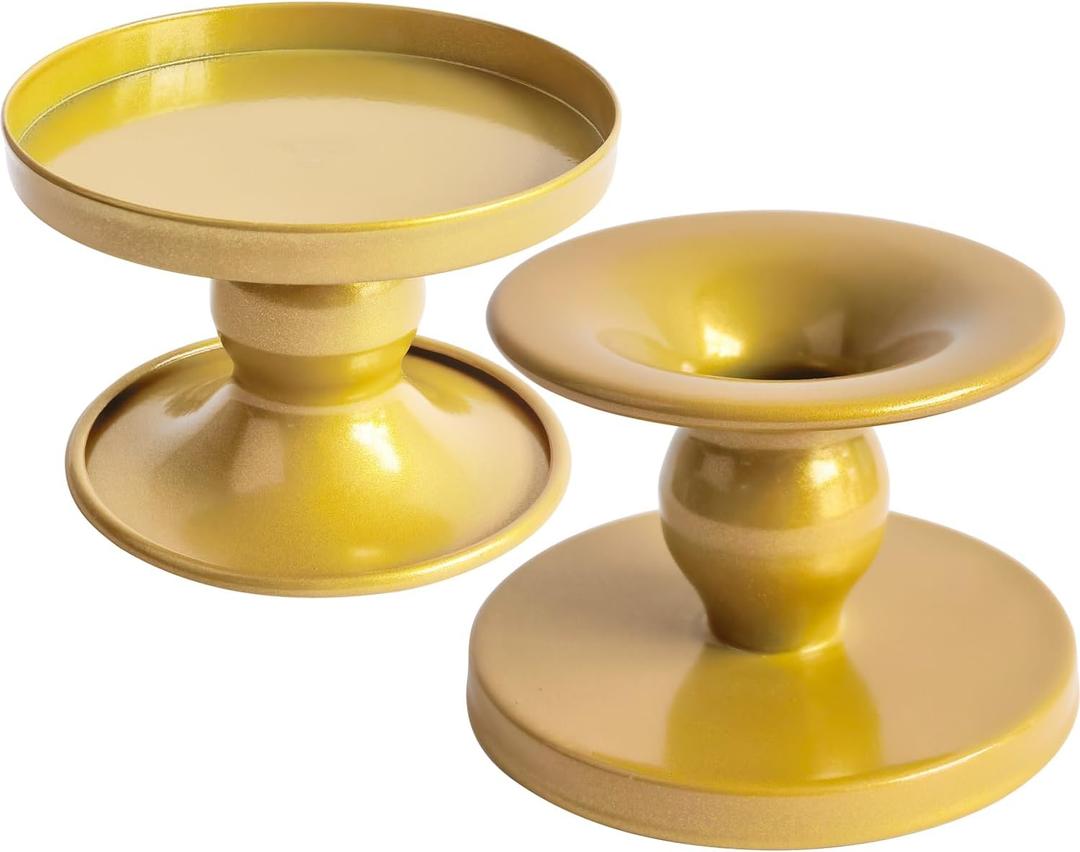 Table Gold Candle Holders Set of 2 | Reversible Metal Candle Stand for Pillar & Taper Candles | Stylish Tabletop Candle Tray for Home Dcor, Weddings & Special Occasions (Gold)