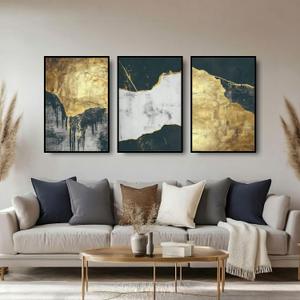 Wall Art for Living Room 3 Piece Large Modern Wall Decor with Abstract Paintings Gold Foil Artwork for Walls 24x36 Inch Framed Wall Art for Bedroom Hallway Office Home Entryway, 24" W x 36" H x 3Pcs