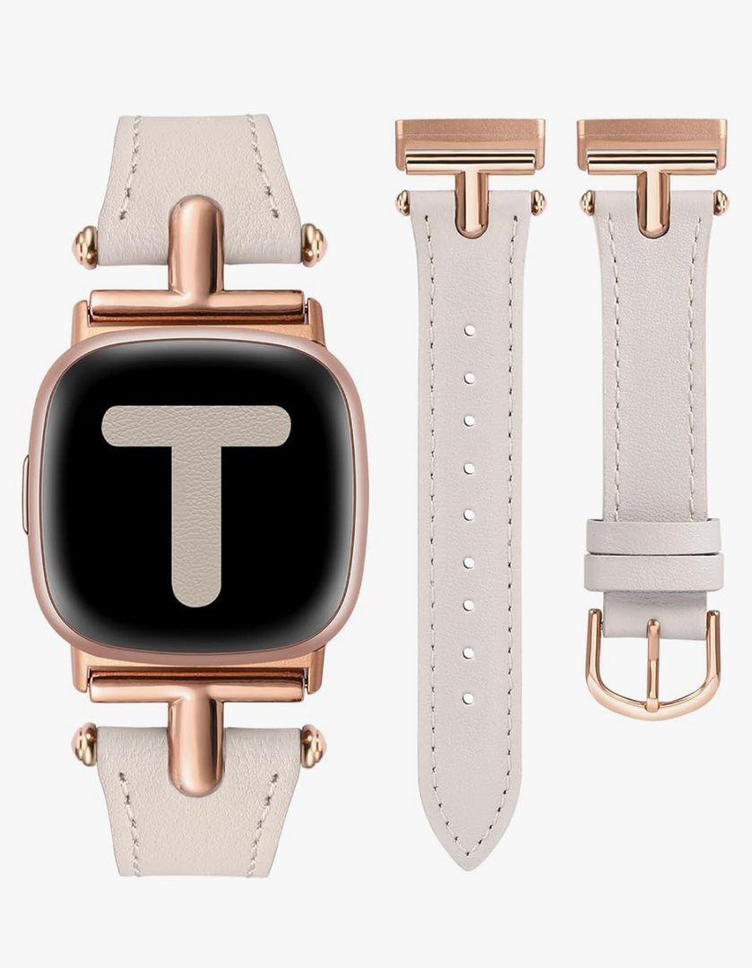 Wearlizer Leather Band Compatible with Fitbit Versa 4 Bands for Woman/Versa 3/Sense 2/Sense Bands Women, Dressy Designer T-Shape Metal Buckle Leather Strap