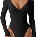 QINSEN Women's Long Sleeve Bodysuit V Neck Body Suits Seamed Cup Going Out Tops Shirt, Medium