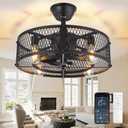 DLLT Caged Ceiling Fan with Light: 20" Farmhouse Fandelier with Lights and Remote & APP - Black Rustic Semi Flush Mount Bladeless Ceiling Fans Enclosed Fan for Bedroon Kitchen Living Dining Room
