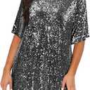 Women's Crew Neck Sequin Dress for Women Sexy V Neck Shirt Dress Sparkly Half Sleeve Loose Party Club Cocktail Dress
(Medium)