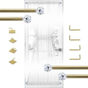 3/8" Sash Curtain Rods with Clear Crystal Ball Finials, 16 to 28 Inch Adjustable, for French Door & Sidelights, Brass Brushed, 2 Pack