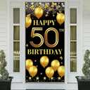 Vicycaty 50th Birthday Decorations for Men & Women, Fabric Happy 50th Birthday Banner Backdrop, 50 Year Old Party Photo Props, Yard Sign, Welcome Door Decor Supplies, Black Gold, Indoor Outdoor Use