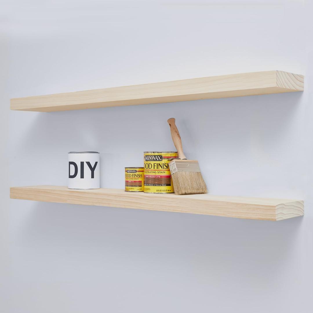 Homeforia 42 inch Wood Floating Shelf, High End Solid Natural Wood 42inch Large Floating Shelves for Wall Mounted, Unfinished Wooden Floating Shelves, Heavy Duty Bracket, 42 X 6.5 X 1.75 in, Set of 2 (Unfinished - Raw Sanded Pine (Diy))