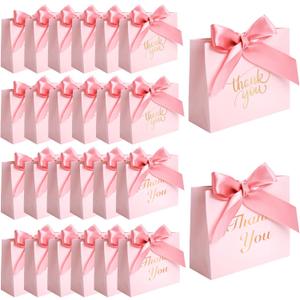 VGOODALL 24PCS Thank You Gift Bags, 4.5x3.9x1.8Inches Mini Party Favor Bags Pink Treat Boxes with Bow Ribbon for Wedding Bridal Baby Shower Birthday Party