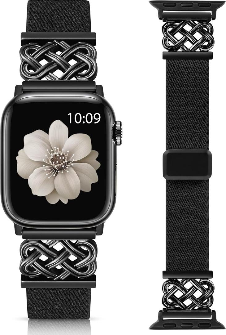 Minyee Magnetic Stretchy Band Compatible with Apple Watch Bands 38/40/41/42/44/45/46/49mm Women Men, Celtic Knot Soft Elastic Nylon Fabric Strap for iWatch Series 11 10 9 8 7 6 5 4 SE/Ultra 3 2 1