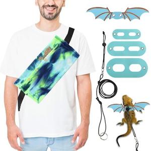 Esmorah Bearded Dragon Carrier and Leash Harness with Wings, Small Animal Sling Carrier and Reptile Carrier, Lizard Adjustable Harness and Sling Bag for Outdoor Travel Walking Rest (Blue-Green+Blue Wing Leash)