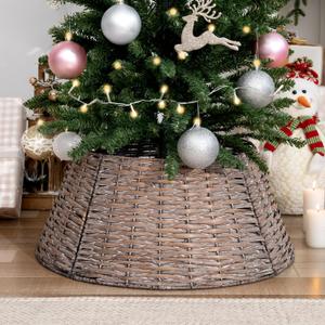 GRANNY SAYS 22" Small Wicker Christmas Tree Collars for Artificial Trees, 4-Piece Woven Tree Skirt Collar Stand for 4-7.5 ft Pencil Trees, Rustic Christmas Tree Base Cover for Decorations, Gray Brown