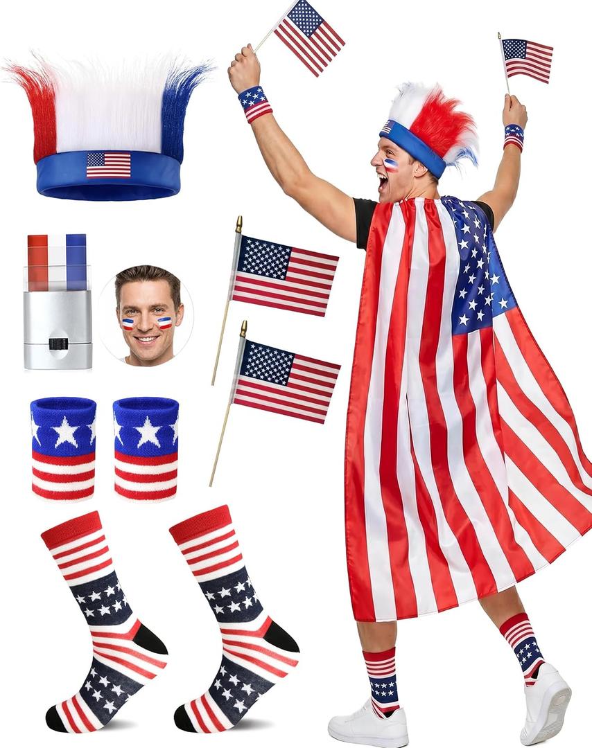 7Pcs American Flag Cape Costume,USA Patriotic Accessories Olympic Sports Cheering,4th of July Outfit,250th Anniversary Apparel Adjustable Hairy Headband Wigs,Socks,Wristbands,Face Body Paint Sticks