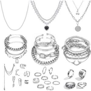 IFKM 36 PC Silver Plated Jewelry Set With 3 Necklace, 12 Bracelet, 7 Ear Cuffs Earring, 14 Knuckle Rings For Women Girls Valentine Anniversary Birthday Friendship Gift