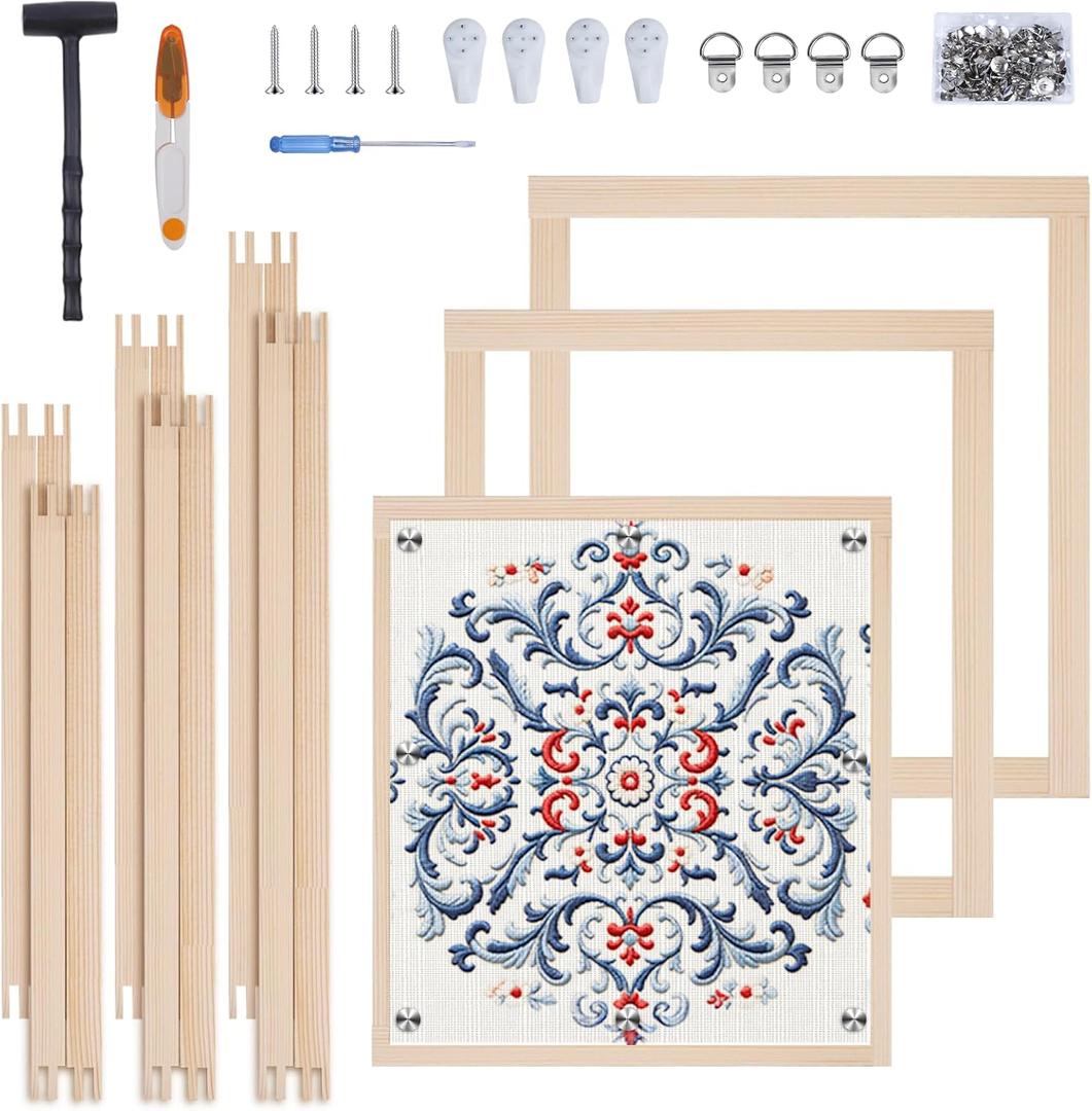 6 Sets 12pcs Needlepoint Stretcher Bars,3 Sizes Canvas,Wall Mount,Splicing Frame for Embroidery/Painting,Includ 12pcs Bars+100 Tracks+Sewing Scissors+Hammer+4 Wall-Mounted Rings+4 Picture Hooks