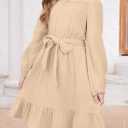 blibean Girls Cotton Long Sleeve Dresses Ruffled Semi Formal Dress Size 6-15 Years (Beige, XXL)