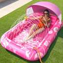 Inflatable Tanning Pool Lounger Float with Sprinkler & Canopy UPF50+, 77" x 48" Extra Large Tanning Pool Float for Adults, Sunbathing Water Lounge Bed with Pillow & Cup Holder for Backyard & Pool