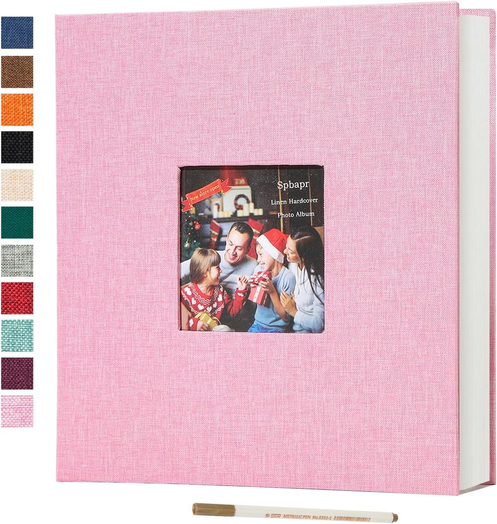 Spbapr Large Photo Album Self Adhesive 3x5 4x6 5x7 8x10 Pictures Magnetic Scrapbook 40 Blank Pages Linen Cover DIY Album with A Metal Pen (Pink)