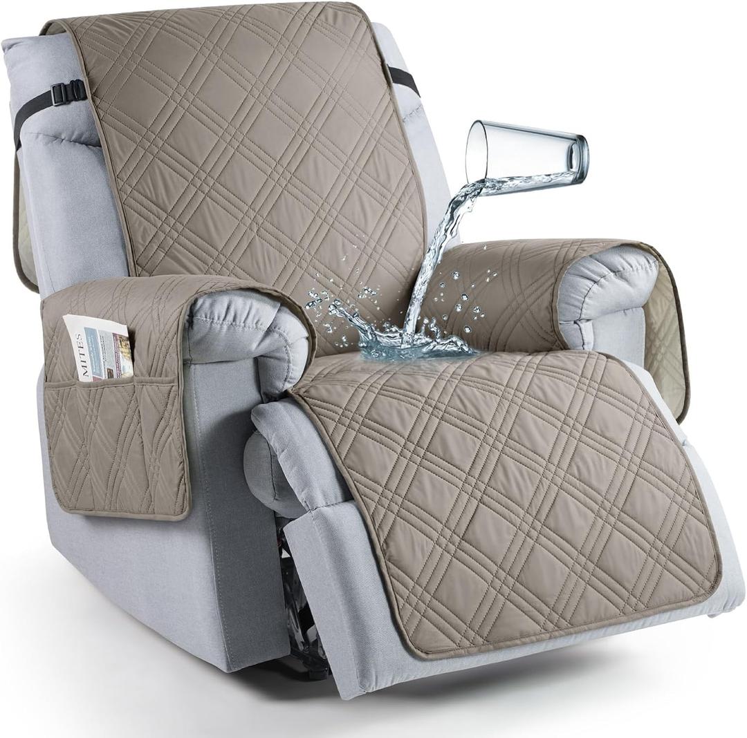 TAOCOCO 100% Waterproof Recliner Chair Cover, Oversized Recliner Covers for Large Recliner Chair with Double Straps, Non Slip Reclining Chair Cover for Kids, Pets(28'', Light Brown)