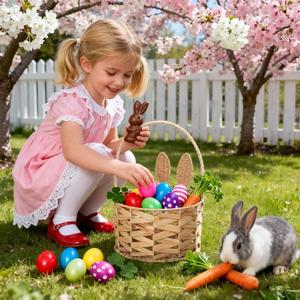 Basket with Handle Kids Cute Bunny Easter Basket Bunny Harvest Flowers Toys Mini Picnic Knitted Birthday Organiser