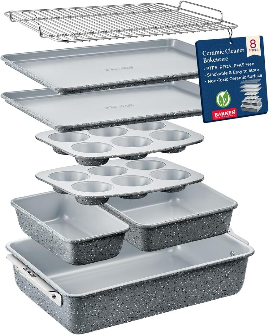 Bakken 8-Piece Stackable Bakeware Set - Ceramic Non-Stick Coating, Baking Sheets, Assorted Baking Pans, PTFE, PFOA & PFOS Free - Healthy Baking, Ergonomic Handles, Cooling Rack, Non-Toxic, Oven-Safe (Pack of 8, Gray Marble)