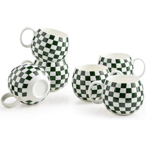 LAUCHUH 18oz Coffee Mugs, Large Coffee Cups Ceramic Checkered Cappuccino Cups with Handle Mug Set of 6 for Mother's Day, Tea, Cocoa, Milk, Green and White