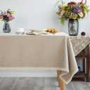 Lace Trim Tablecloth Linen-Look Textured Rustic Burlap Stlye Machine Washable Solid Heavy Weight Rectangle/Oblong Table Cloth Cover for Kitchen Dinning Tabletop Decoration 55x86 in Beige