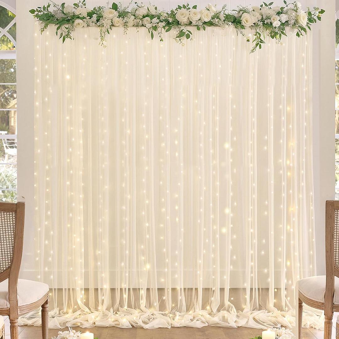 Champagne Backdrop Curtains with Lights String for Wedding Parties 1010ft Sheer Tulle Backdrop Curtain for Bridal Shower Baby Shower Birthday Party Photo Shoot Decorations 2 Panels 510ft