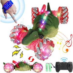 Dinosaur Remote Control Car, 2.4Ghz 4WD RC Cars with Dinosaur Sounds & Light Music, Gravity Gesture Sensing Remote Control Monster Truck Kids Toys, RC Stunt Twist Car Toys for Ages 4 5 6 7 8-13yr