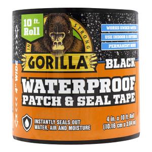 Gorilla Waterproof Patch & Seal Tape, Black Tape, 4" x 10' (Pack of 1) - Permanent Weather Resistant Seal for Leaks and Repairs