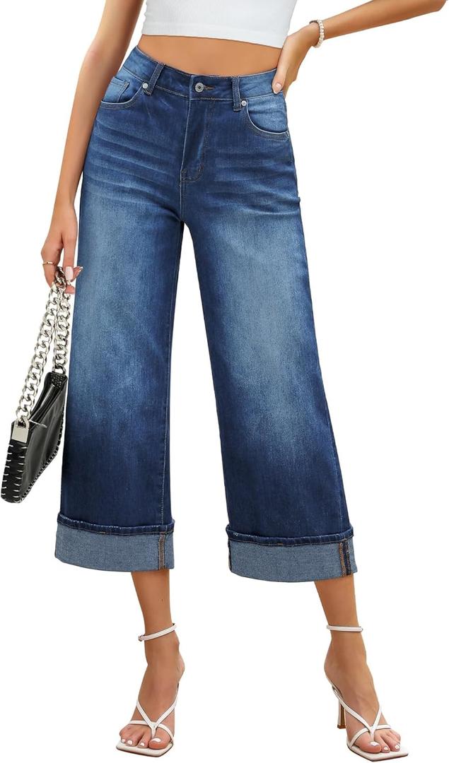 GRAPENT Wide Leg Jeans for Women High Waisted Stretchy Denim Crop Pants Fold Hem Cropped Baggy Jeans with Pockets (XX-Large, Classic Blue)