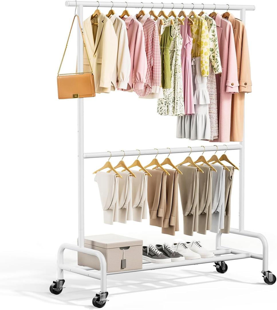 Abiglifty 2 Tier Rolling Clothes Rack, Heavy-Duty Clothing Rack with Wheels,150LBS Capacity, 43" W X17 D X 75" H Rack for Clothes to Hang, for Bedroom, Living Room, White, 2026 NEW