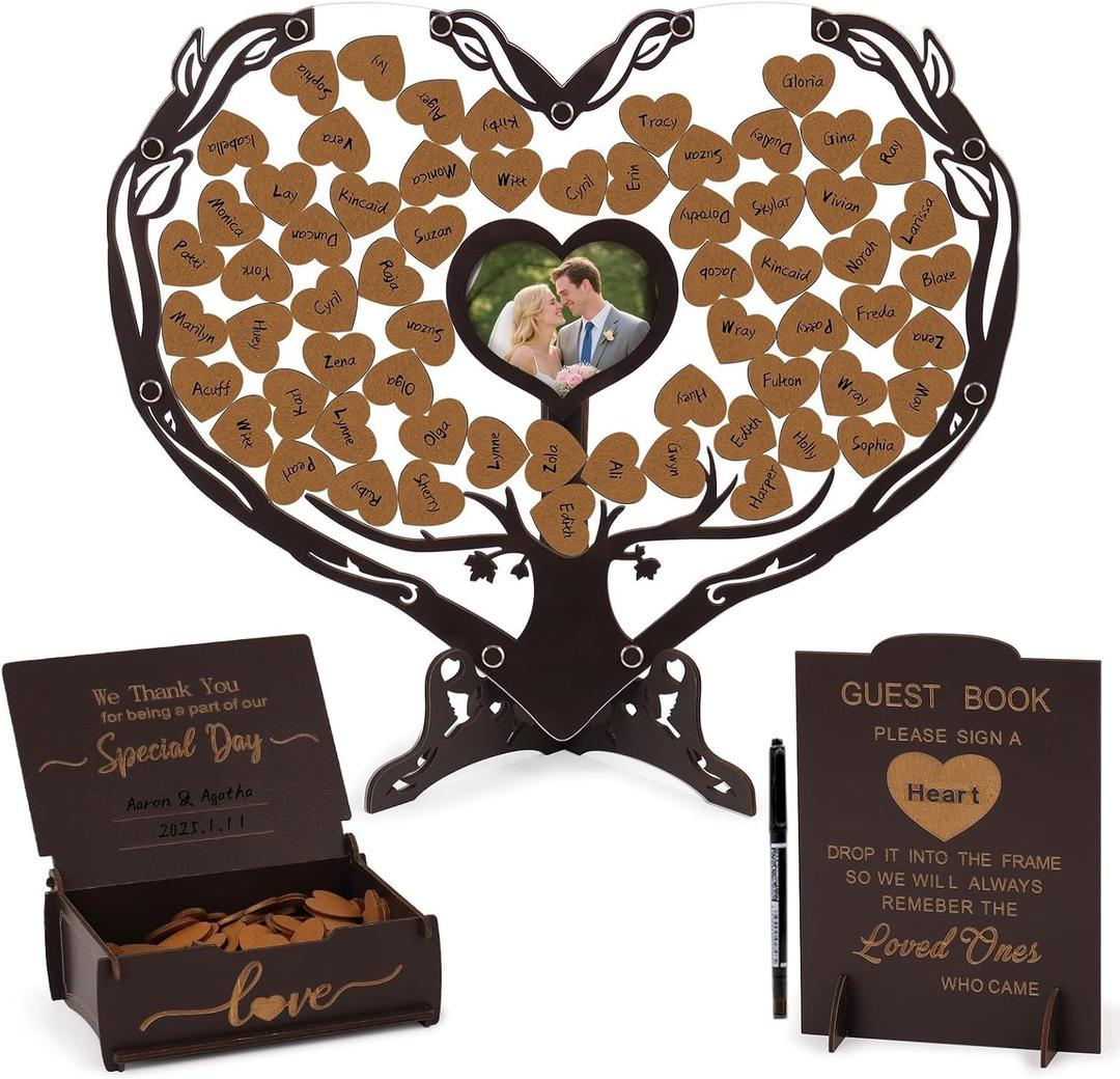 Heart Wedding Guest Book Alternative, Coffee Color Rustic Wooden Wedding Souvenirs with Heart Picture Frame, Heart Guest Book Drop Box, Personalized Decor Party Birthday