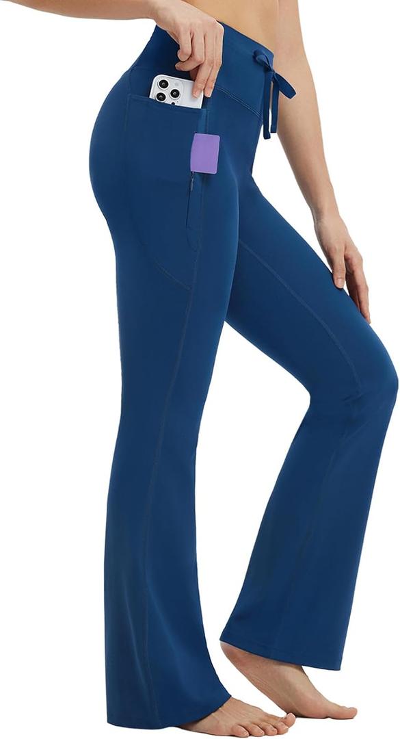 baleaf Womens Flare Leggings with Zipper Pockets Drawstring Flared Yoga Pants Bell Bottom Leggings Tummy Control (S)