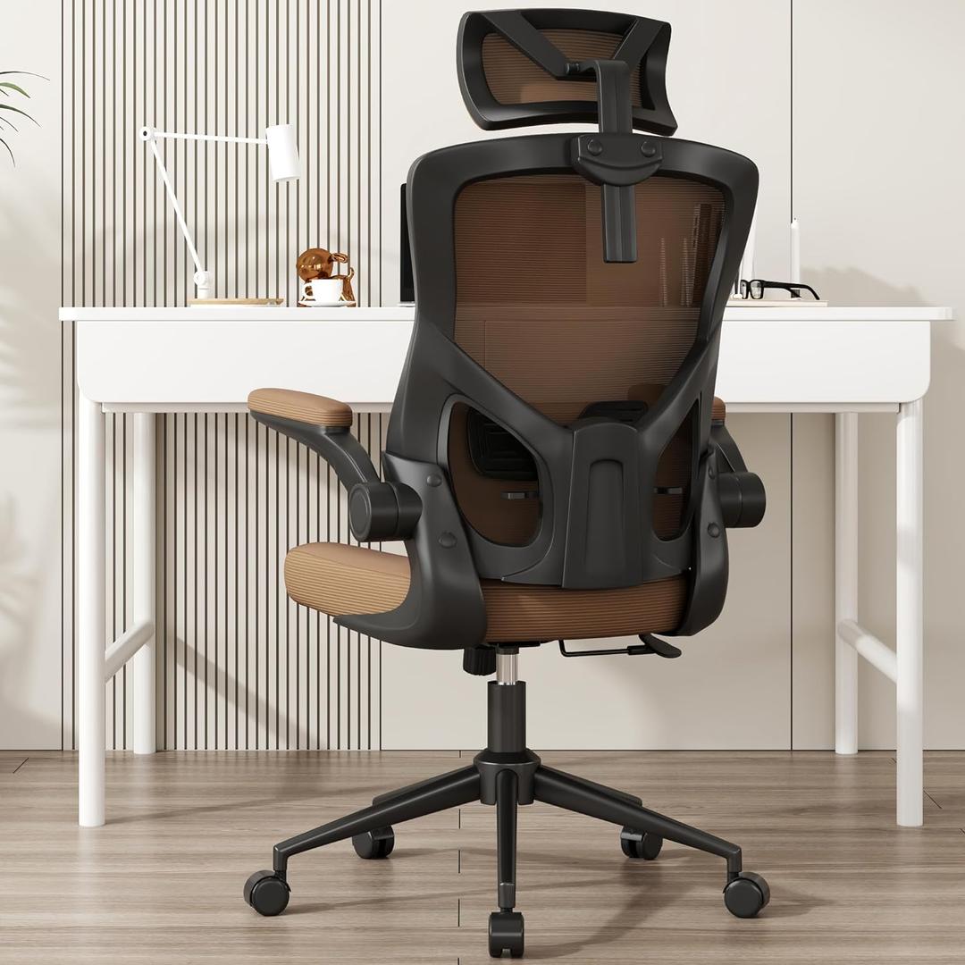 Home Office Chair, Ergonomic Comfy Desk Chair, High Back Computer Chair- Adjustable Headrest with Flip-Up Arms, Lumbar Support, Swivel Executive Task Chair (Mummy Brown, Modern)