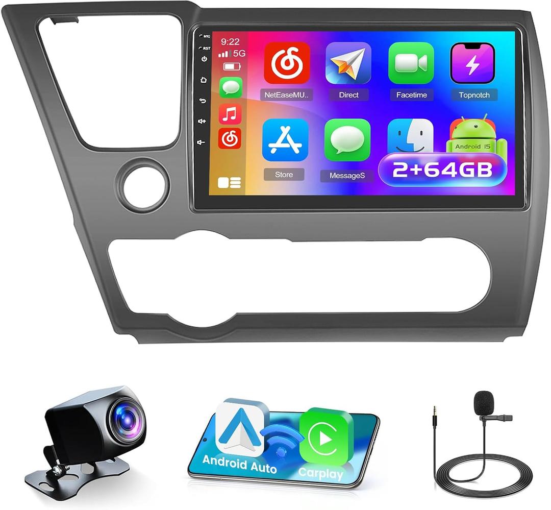 2+64G Screen for Honda Civic 2013-2017 CarPlay Stereo Android 15 Car Radio 9" Touchscreen Android Auto Backup Camera GPS FM RDS DSP 26UI