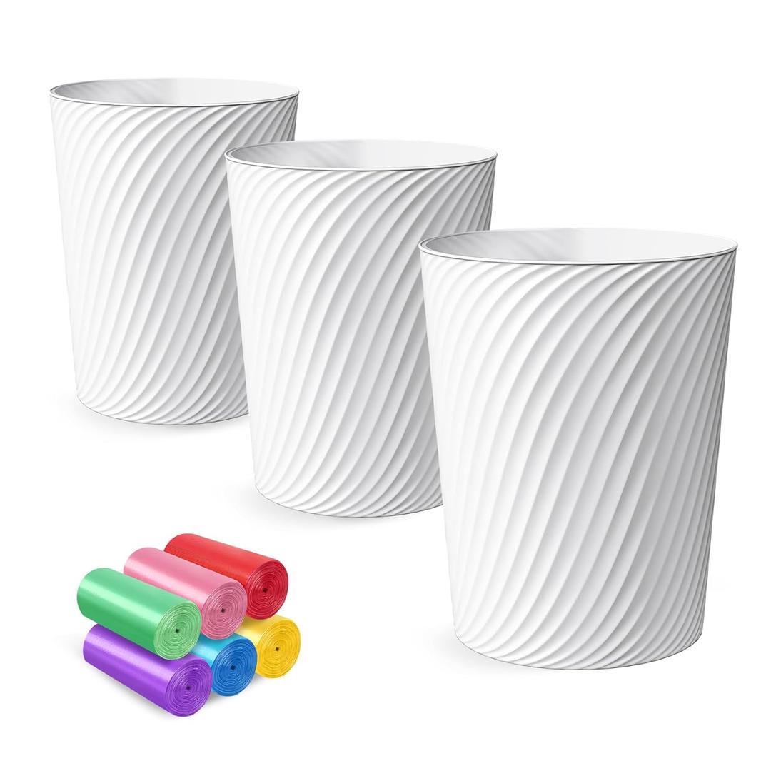 Small Trash Can 3 Pack 1.8 Gallons, Bathroom Trash Can & Garbage Can with 6 Trash Bags, Bedroom Trash Bin & Waste Basket for Office, Bedroom, Living Room, Kitchen, Compact Space (White)