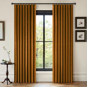 ANRODUO Gold Brown Velvet Curtains 90 Inches Long Blackout Thermal Insulated Soundproof Curtain Privacy Room Darkening Curtains Pinch Pleat Window Drapes for Bedroom Living Room Set of 2