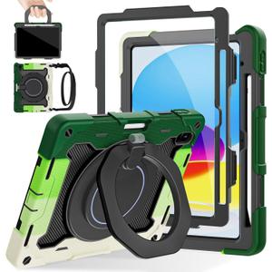 ROISKIN Case for iPad A16 11th Generation 11 Inch 2025, iPad 10th Generation Case 10.9" for Kids with Screen Protector,360 Kickstand & Handle,Pen Holder,Shoulder Strap,Heavy Duty Drop Protection (Black-Green)