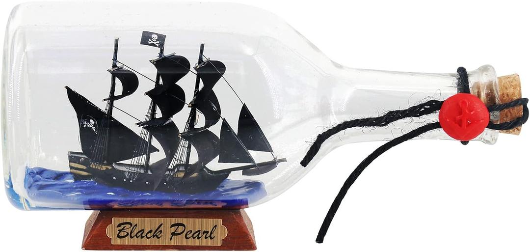 Black Pearl Caribbean Pirate Model Ship in a Bottle Glass Ornament Table top Nautical Home Decoration Mayflower USS Constitution USCG Eagle Gift for boy (Black Pearl 9)